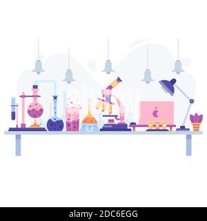 Flat design of a scientific desk with objects Vector illustration Stock Vector
