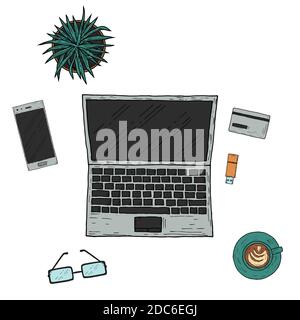 Workplace. Top view. Hand-drawn style. Vector cartoon illustration. Stock Vector