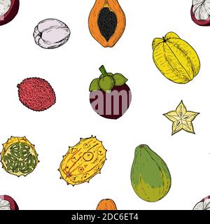 Colorful seamless pattern of tropical fruits. Vector cartoon background. Stock Vector