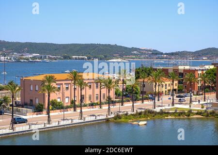 Olbia, Sardinia / Italy - 2019/07/21: Panoramic view of Olbia port area at the Isola Bianca island with yachts pier and at the Costa Smeralda coast of Stock Photo