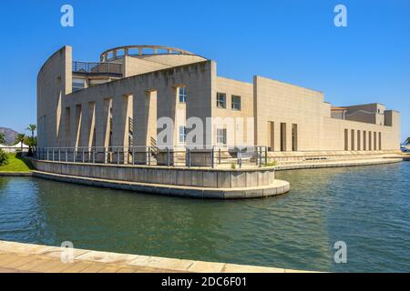 Olbia, Sardinia / Italy - 2019/07/21: Panoramic view of the Archeological Museum of Olbia - Museo Archeologico - on Gulf of Olbia island at the port a Stock Photo