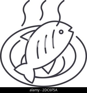 Crilled fish icon, linear isolated illustration, thin line vector, web design sign, outline concept symbol with editable stroke on white background. Stock Vector