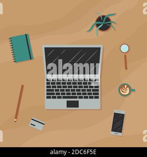 Workplace. Top view. Isolated objects. Vector cartoon illustration. Stock Vector