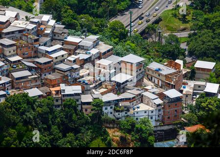 View of rooftops of Favela Santa Marta in Morro Dona Marta from Mirante Dona Marta, a viewpoint in Tijuca National Park in Rio de Janeiro, Brazil Stock Photo