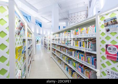 Books arranged nicely on the row of long shelves in the clean design library. Singapore. Stock Photo