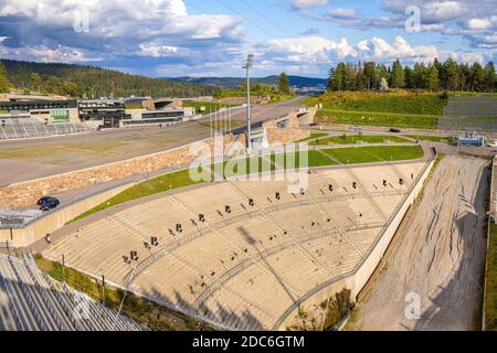 Oslo, Ostlandet / Norway - 2019/09/02: Winter sports facilities of the Holmenkollen National Arena complex - Holmenkollbakken - an Olympic skiing faci Stock Photo
