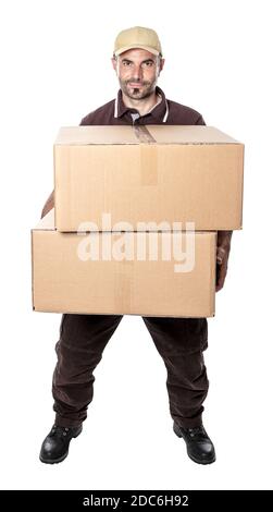 man courier shipping with hat and parcels in hand. isolated on white. Stock Photo