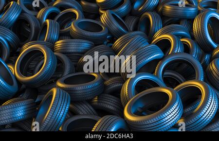 Car tires conceptual background with yellow and blue lights. 3d render. Stock Photo