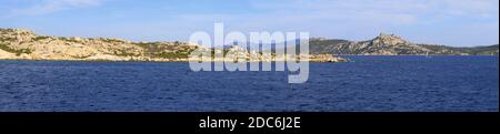 La Maddalena, Sardinia / Italy - 2019/07/17: Panoramic view of La Maddalena archipelago Tyrrhenian Sea coastline with La Maddalena island beaches Stock Photo