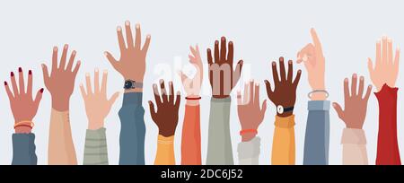 Anonymous arms and raised hands of multiethnic multicultural people. Crowd diversity people. Participation or election concept. Man and women diverse Stock Vector