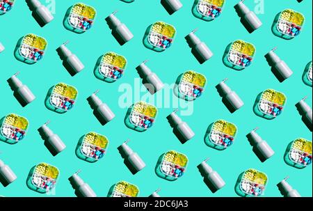 Seamless pattern from box for pills and throat spray. View from above Stock Photo