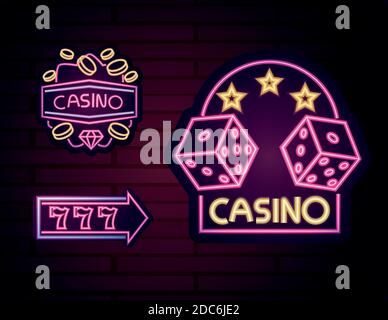 casino, gambling night bright advertising neon sign set vector illustration Stock Vector