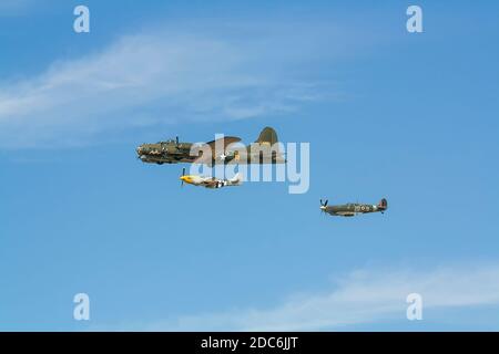 The American World War II bomber 'Sally B' Boeing B-17G and escort fighters Stock Photo