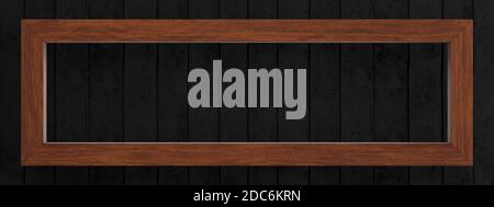 Wooden slat box on matte black planks background. Wide version. Stock Photo