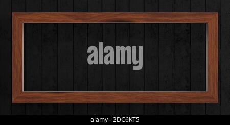 Wooden slat box on matte black planks background. Rectangular version. Stock Photo