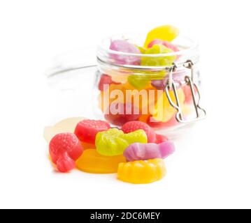 Colorful fruity jelly candies isolated on white background. Stock Photo