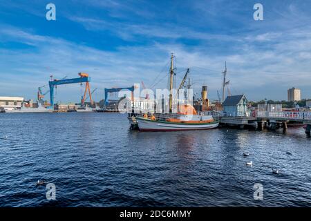 Kiel Seegartenbrücke, the ferry terminal taking passengers and freight to Oslo. The MS Stadt ship is a local history museum. Stock Photo