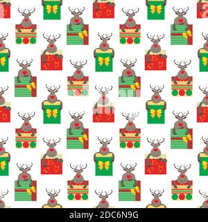 Vector cartoon reindeer with giftboxes seamless pattern background. Cute animal characters with square bow tied presents on white background Stock Vector