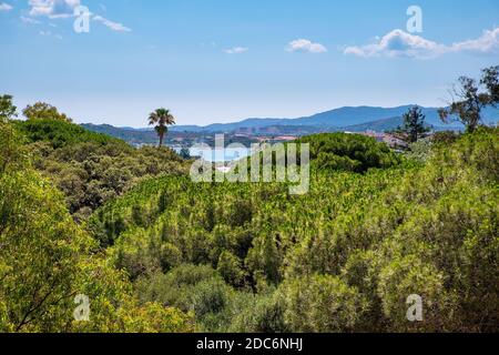 Panoramic view of wooded coast of Costa Smeralda in San Teodoro resort town in Sardinia, Italy at Tyrrhenian Sea shore Stock Photo