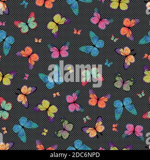 seamless vector pattern with multicolored butterflies on a background with small dots, on a dark background Stock Vector