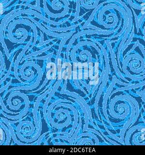 Blue smooth lines corners and spirals with torn edges on a blue background vector seamless pattern.Abstract geometric texture ice on glass.Frost and Stock Vector