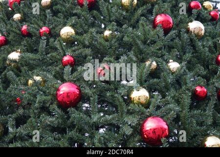 christmas tree with multi-colored balls and decorations background Stock Photo