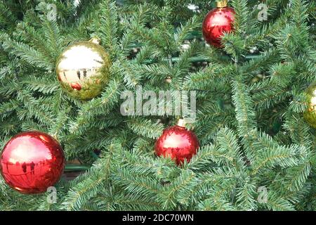 christmas tree with multi-colored balls and decorations background Stock Photo