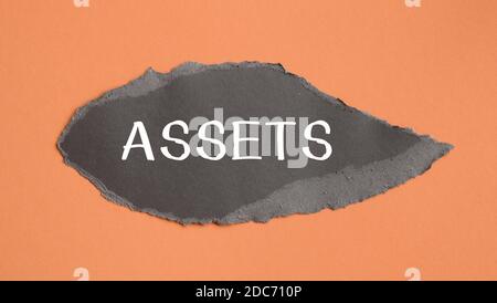 ASSETS - the inscription appears behind the torn paper. Stock Photo