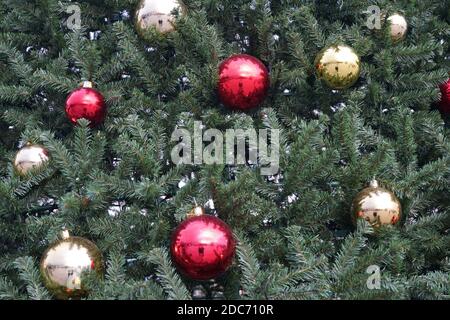 christmas tree with multi-colored balls and decorations background Stock Photo