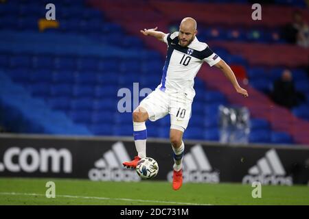 Cardiff, UK. 18th Nov, 2020. Teemu Pukki of Finland in action. UEFA Nations league, group H match, Wales v Finland at the Cardiff city stadium in Cardiff, South Wales on Wednesday 18th November 2020. Editorial use only. pic by Andrew Orchard/Andrew Orchard sports photography/Alamy Live News Credit: Andrew Orchard sports photography/Alamy Live News Stock Photo