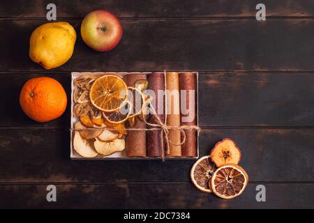 Gift with healthy sweets. Sweet fruit snacks in a package - pastilles and dried fruit. Fruit candy, Sugar Free, healthy nutrition. Stock Photo