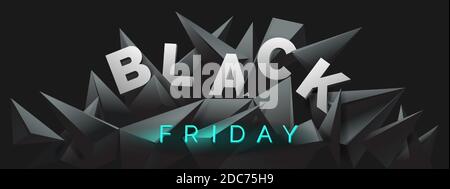 Black Friday banner with 3d render, abstract black crystal background, faceted texture, panorama, wide panoramic polygonal wallpaper, vector Stock Vector