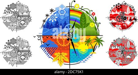 Circle of life. All seasons cycle symbol. Spring, summer, autumn, winter. Hands of the life clock. Vector illustration. Stock Vector