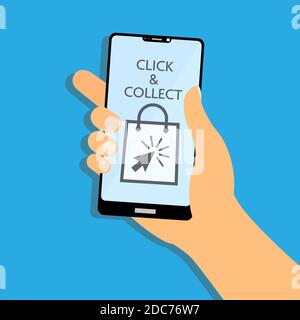 click and collect symbols on smartphone display vector illustration, buy online and pick up at local store concept Stock Vector