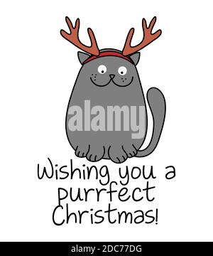 Wishing you a purrfect (perfect) Christmas  - Cute gray cat tangled in the Christmas tree light galand, Meowy Catmas cartoon vector doodle illustratio Stock Vector