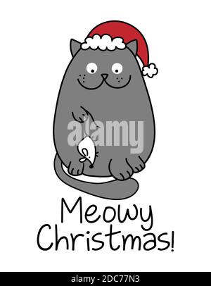Meowy Christmas  - Cute gray cat with white mouse gift and Santa hat, Meowy Catmas cartoon vector doodle illustration. Funny doodle animal. Stock Vector