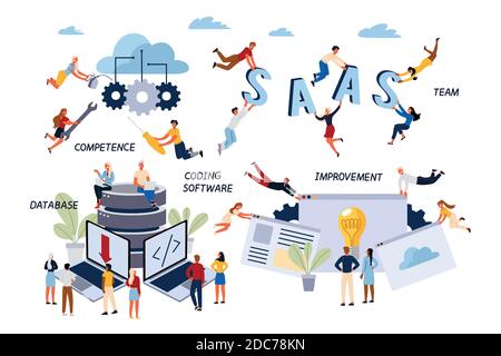 Business Concept of SAAS, Coding Software, Improvement, Database, Competence. Team lerks Invention, Setup and Implementation of the Program. Cartoon f Stock Vector