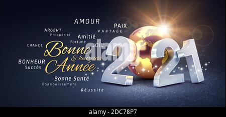 2021 New Year date number, composed with a gold colored planet earth, greetings and best wishes in French language, on a festive black background - 3D Stock Photo