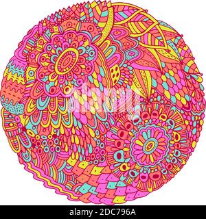 Floral mandala with flowers and leaves. Doodle shamanic colorful illustration. Abstract trippy pattern. Psychedelic art. Vector artwork Stock Vector