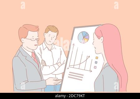 Analytics department meeting, company staff cooperation concept. Teamwork, firm development ways search, colleagues studying statistics, making busine Stock Vector