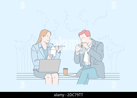 Busy employees meal time concept. Colleagues having meal together, office workers at lunch break, quick snack, co-workers eating fast food, working wi Stock Vector