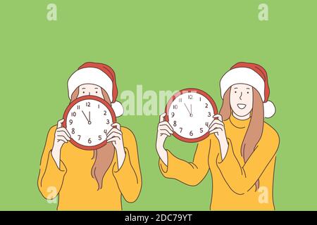 New year, Christmas, time, holiday eve concept. Joyful, happy teen girl in Santa hat is holding watch, five minutes to midnight. Young woman, lady in Stock Vector