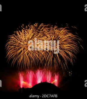 Multicolored amazing fireworks isolated in dark background close up with the place for text, Vilnius fireworks festival, 4 of July, Independence day, Stock Photo