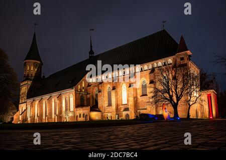 Brick Gothic style Cathedral at night, side view. Formerly old German Konigsberg Cathedral, Kaliningrad, Russia Stock Photo