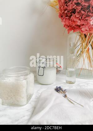 Raw materials for making homemade zero waste, ecological and multipurpose detergent for laundry or cleaning Stock Photo