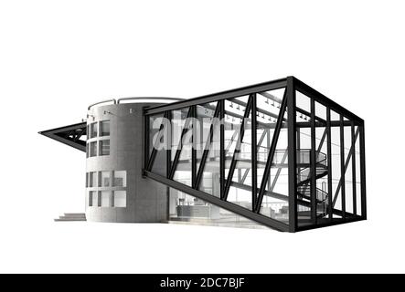 3D Rendering of a luxury house with a technological, contemporary architectural design on a white background, with the isolation path included in the Stock Photo