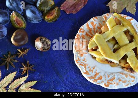 Homemade plum pie, autumn dessert with fresh plums, baking, healthy vegetarian food. Stock Photo