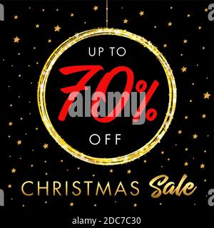 Christmas Sale up to 70 off banner. X-mas sale symbol. Text up to -70% off in shine ball icon, golden stars, night background. Isolated abstract graph Stock Vector