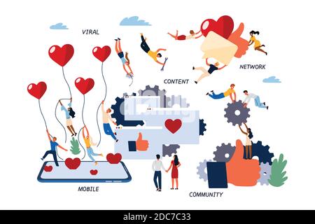 Concept of Social Media Marketing, SMM. People Team Work on the Advertising Company on Social Networks. Cartoon Flat Design, Isolated Vector Illustrat Stock Vector