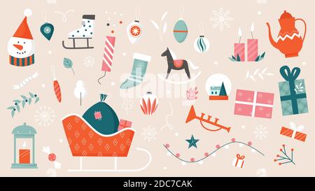 Christmas decoration vector illustration set. Cartoon xmas elements collection of sleigh with winter holiday gift box, socks, candle, garland and balls celebration decor for Christmas tree background Stock Vector